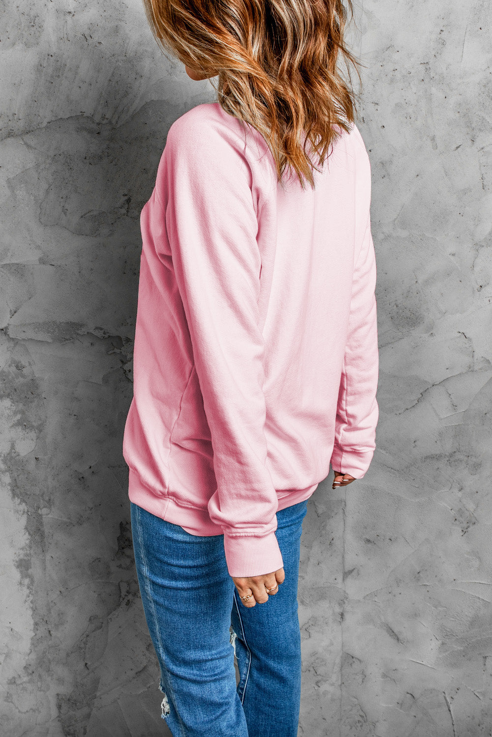 Letters Print Ribbed Knit Trim Sweatshirt | Pink