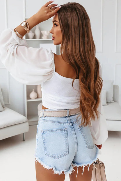 Drawstring Front Sheer Puff Sleeve Crop Top | White