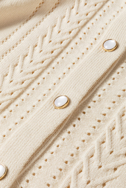 Pleated Sleeve Hollow Detail Button Sweater Cardigan | Apricot