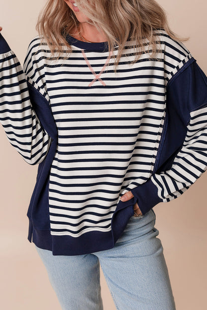 Colour Block Exposed Seam Loose Fit Sweatshirt | White Stripe