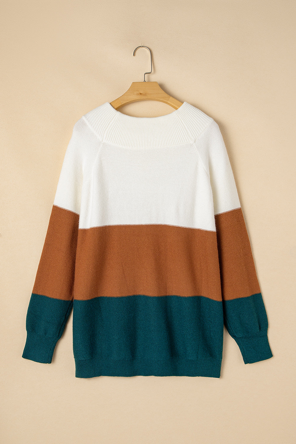 Plus Size Ribbed Trim Colour Block Sweater | Brown