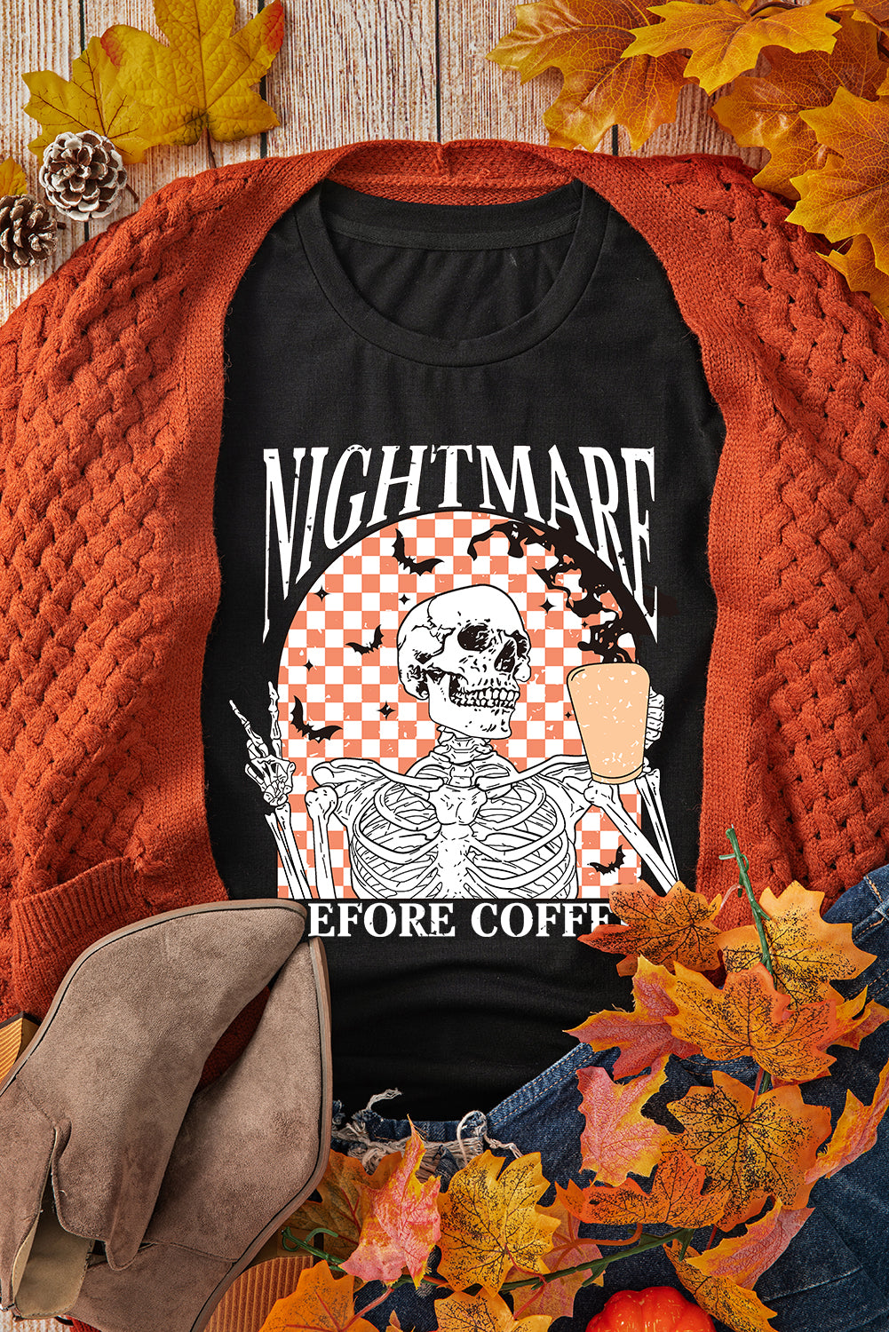 Nightmare Before Coffee Skull Checkerboard Graphic Halloween Tee | Black