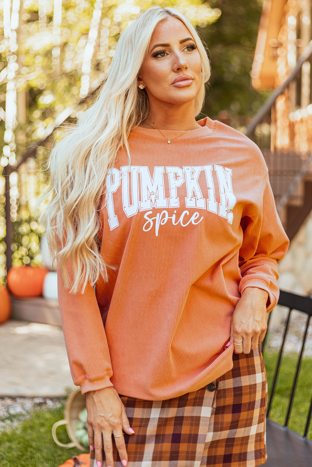 Pumpkin Spice Graphic Corded Crewneck Sweatshirt | Orange