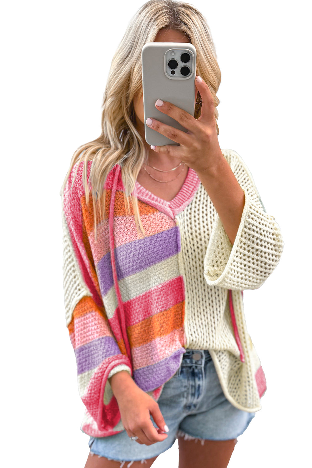 Oversized Colourblock V Neck Hooded Sweater | Pink