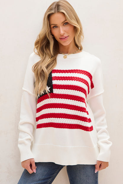 American Flag Cable Knit Drop Shoulder Sweater | White