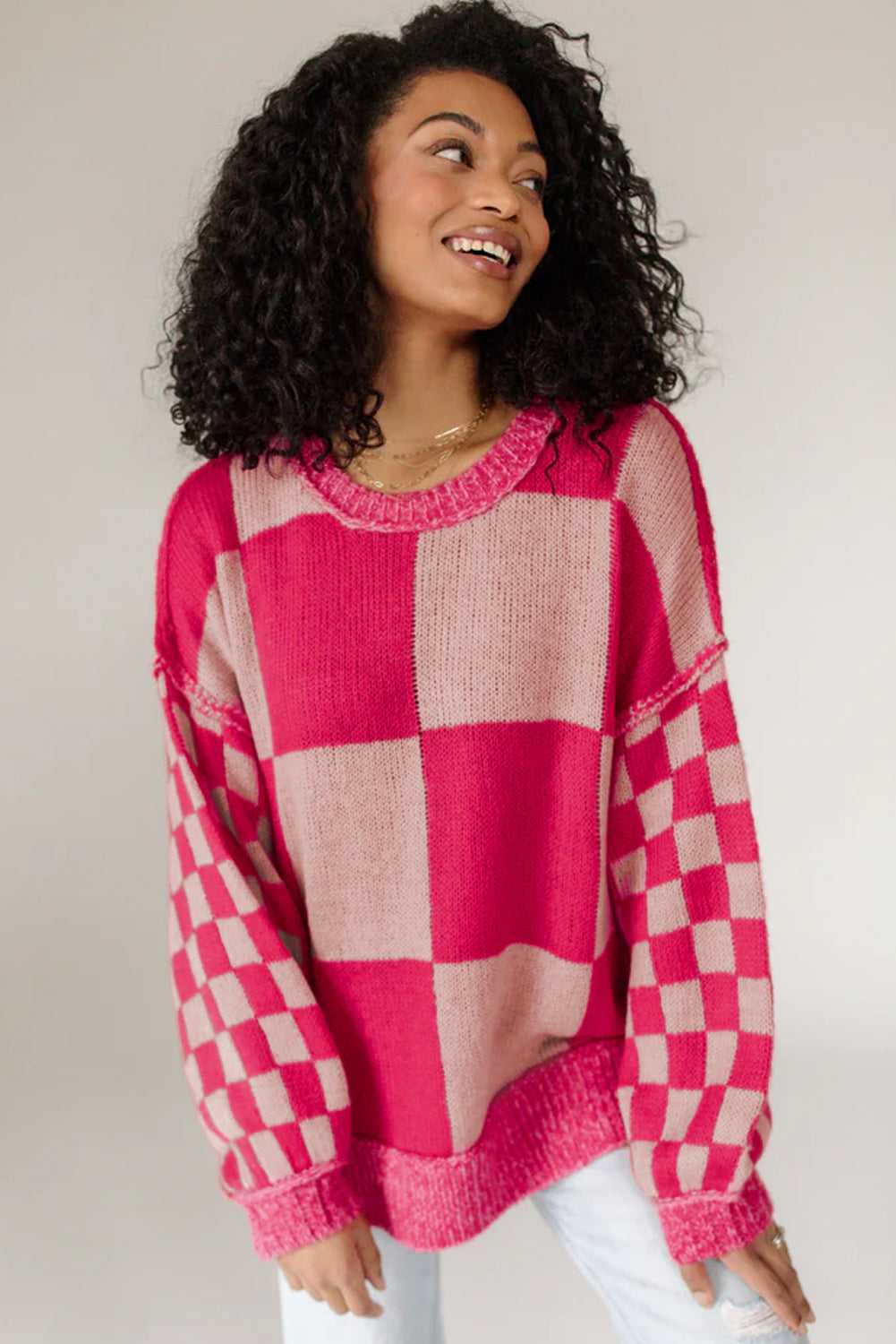 Mixed Checkered Pattern Drop Shoulder Loose Sweater | Rose Red