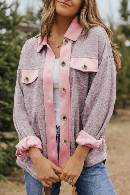 Contrast Trim Collared Casual Shacket | Pink