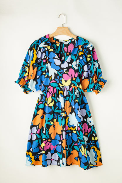 Split Neck Collared Plus Floral Dress | Blue