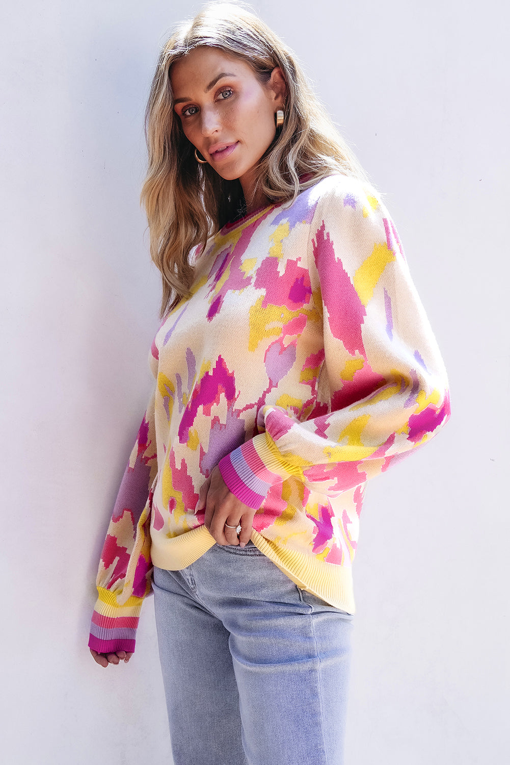 Abstract Print Colourblock Balloon Sleeve Sweater | Khaki