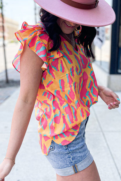 Abstract Print V Neck Ruffled Sleeve Blouse | Orange