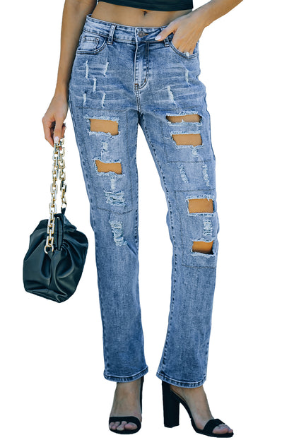 Buttoned Pockets Distressed Jeans | Sky Blue