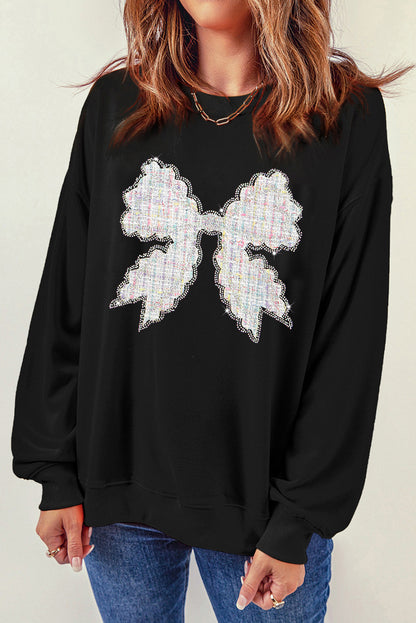 Rhinestone Decor Bowknot Graphic Pullover Sweatshirt | Black