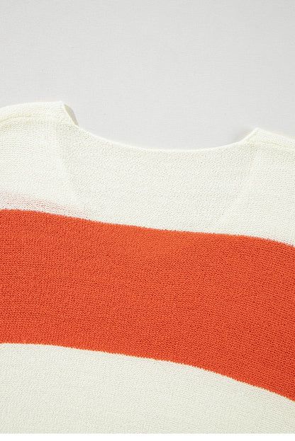 Loose Colour Block Drop Shoulder Bubble Sleeve Sweater | Orange Stripe