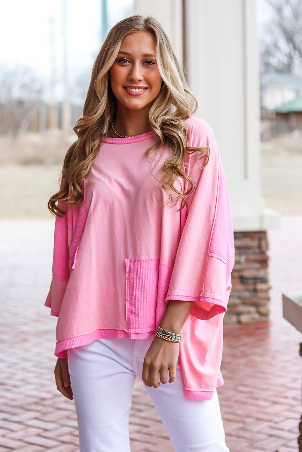 Colour Block Patchwork 3/4 Sleeve Loose Top | Pink