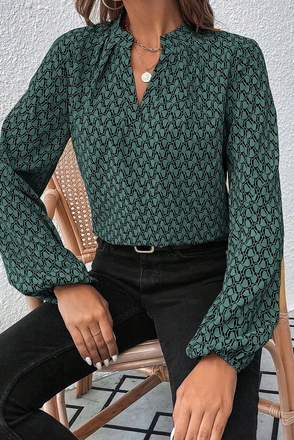 Geometric Print Notched Neck Puff Sleeve Blouse | Green