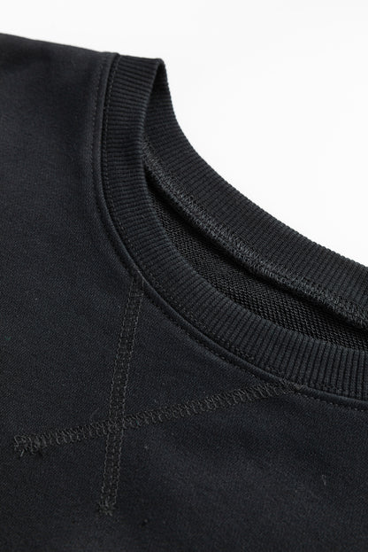 Drop Shoulder Crisscross Stitching Pocketed Loose Sweatshirt | Black