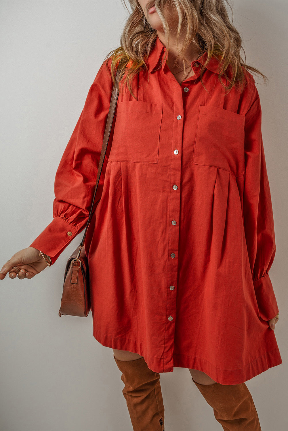 Bishop Sleeve Button Up Pleated Mini Shirt Dress | Tomato Red