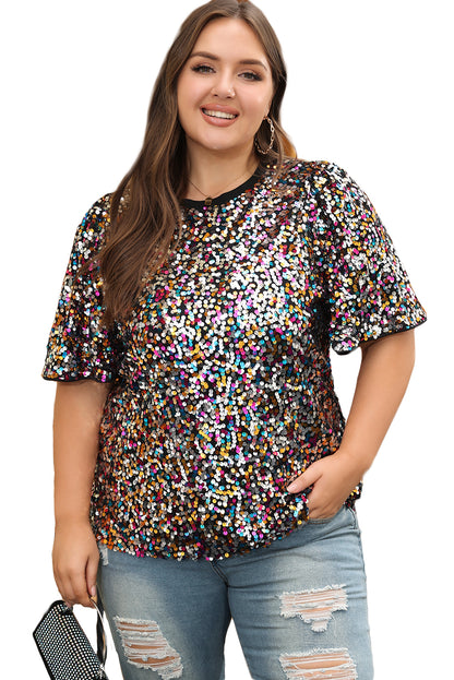 Vibrant Sequin Plus Size Short Sleeve Top | Silvery