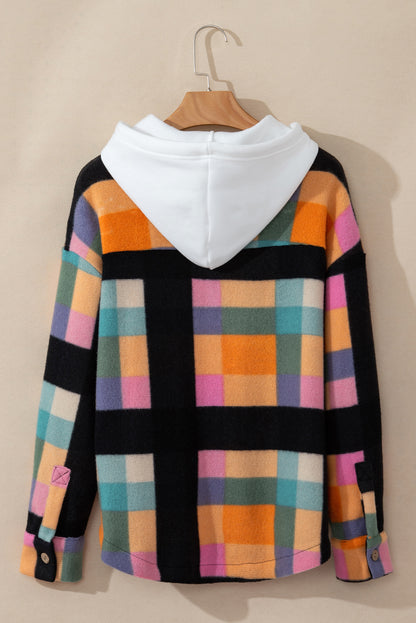 Plaid Colour Block Flap Pocket Buttoned Hoodie | Multicolour