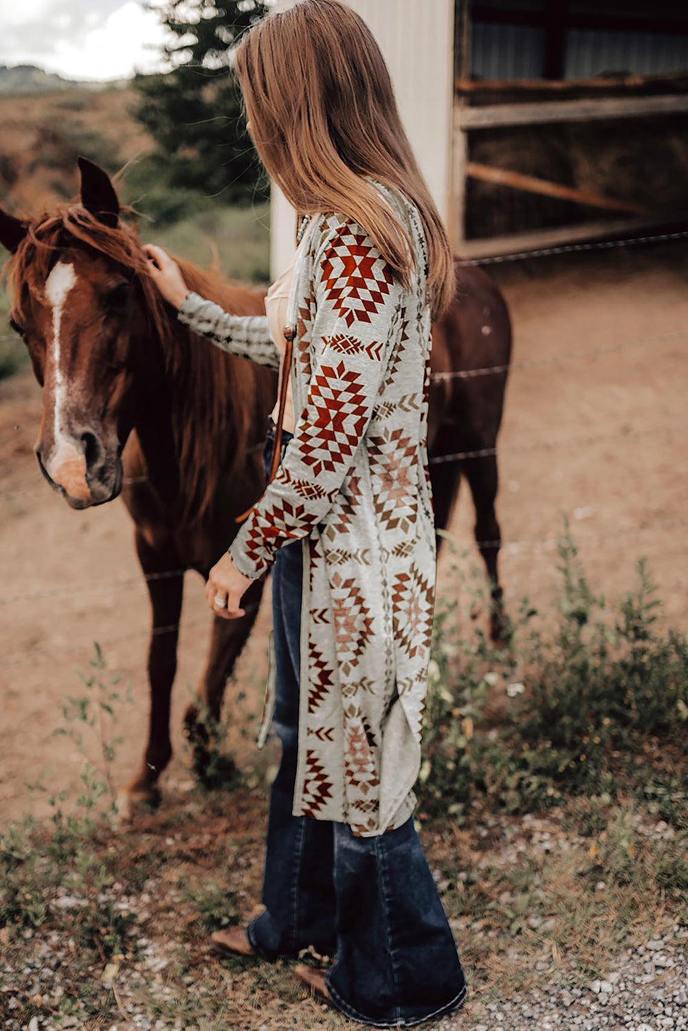 Western Aztec Printed Open Front Long Cardigan | Brown