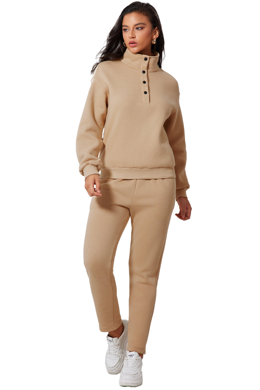 Solid Half Button Sweatshirt And High Waist Sweatpants Set | Parchment