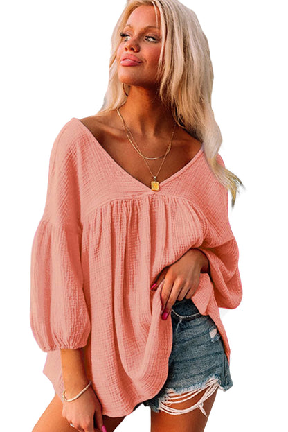 Textured V Neck Bracelet Sleeve Babydoll Blouse | Pink