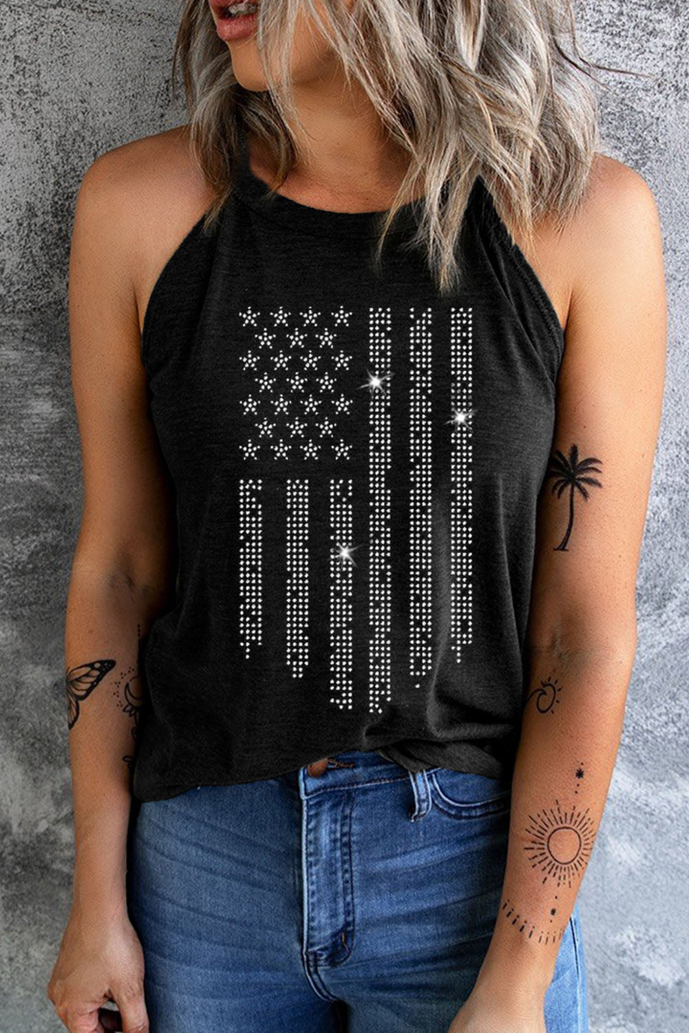 Black Shiny American Flag Printed O Neck Graphic Tank Top