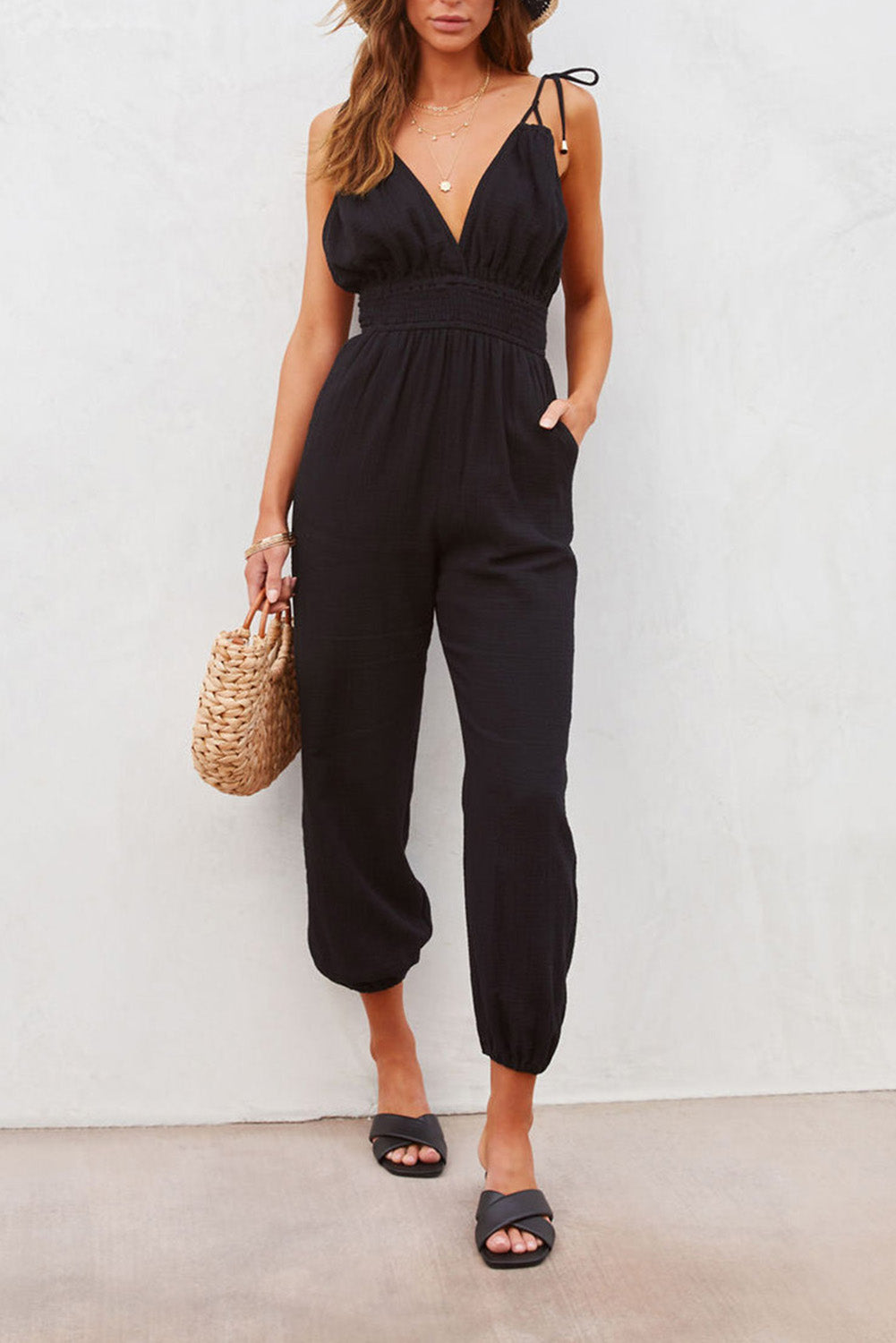 V Neck Knotted Shoulder Backless Pocket Jumpsuit | Black