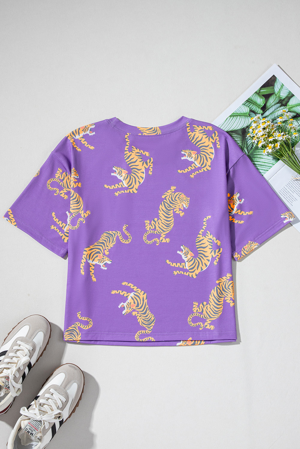 Allover Tiger Printed Patch Pocket Loose T Shirt | Purple