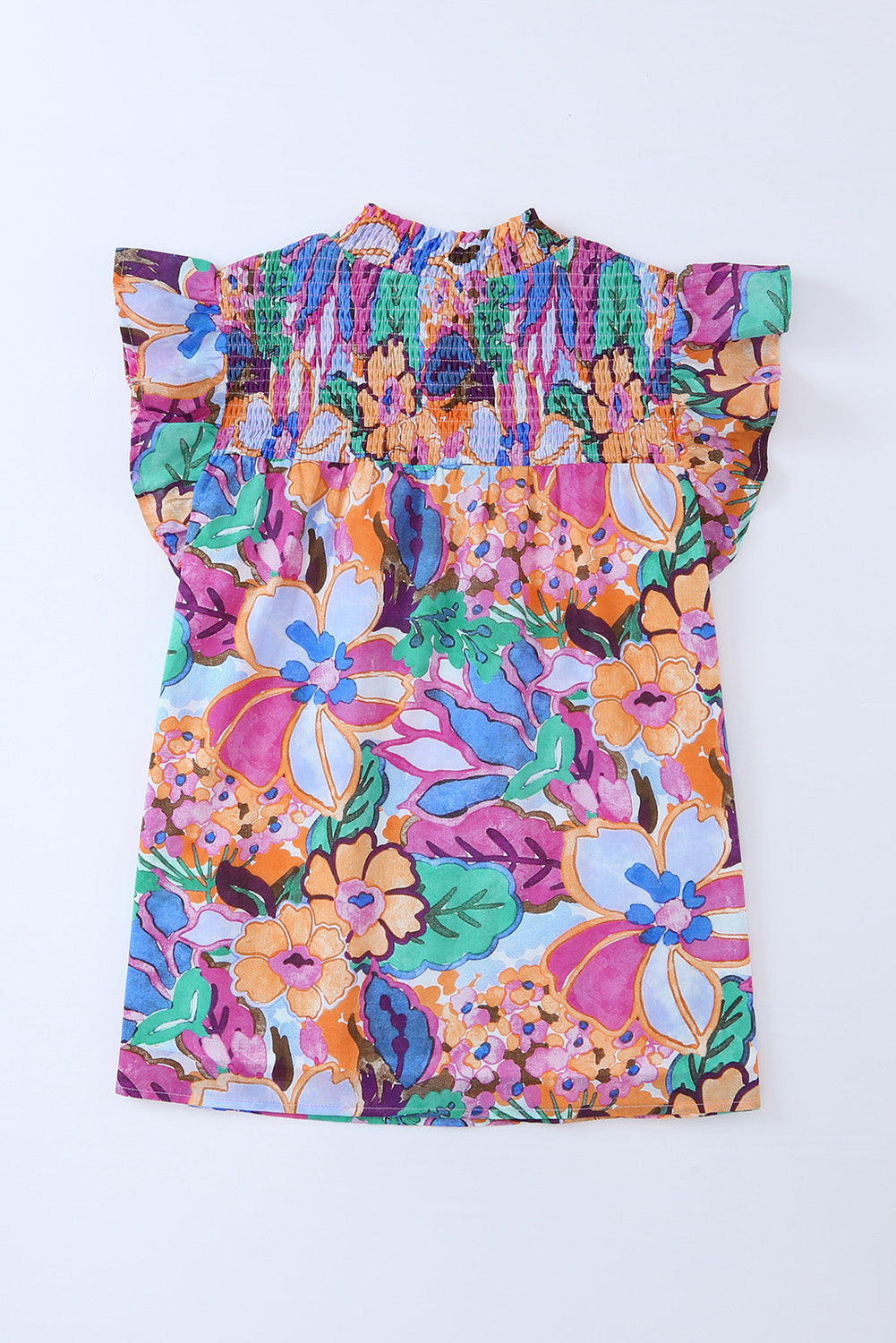 Floral Print Flutter Sleeves Smocked Neck Blouse | Multicolour