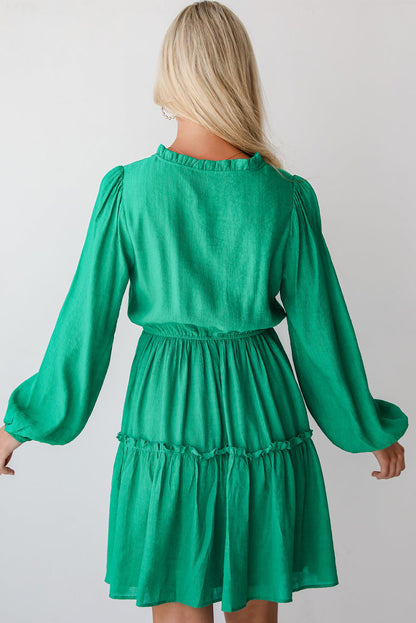 Frilly V Neck Puff Sleeve Drawstring Shift Mini Dress | Sea Green