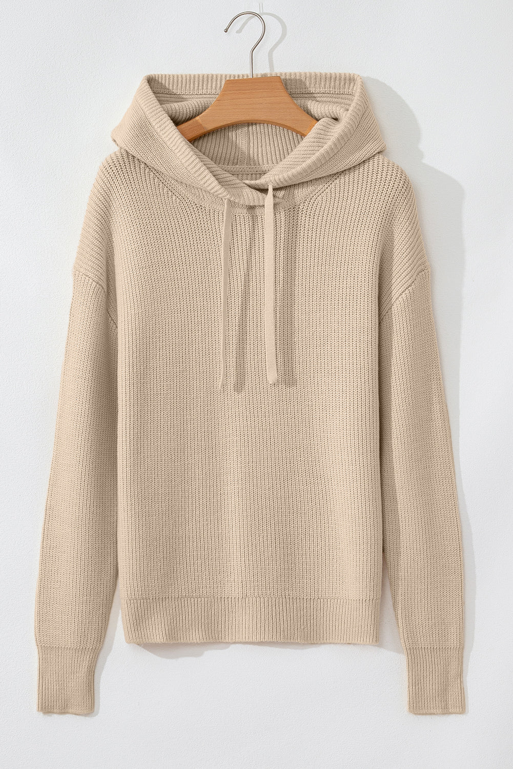 Solid Colour Drawstring Hooded Drop Shoulder Pullover Sweater | Beige