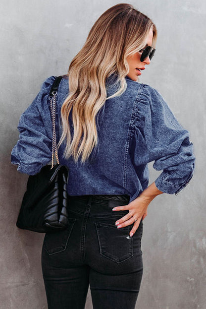 Puff Sleeve Button-Up Denim Jacket | Blue