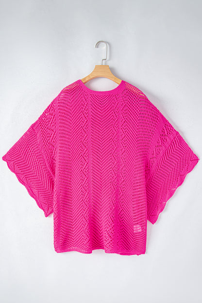 Pointelle Knit Scallop Edge Short Sleeve Top | Rose Red