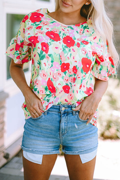 Fiery  Floral Print Ruffled Short Sleeve V Neck Blouse | Red