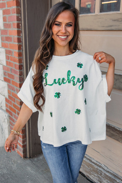 St Patrick Lucky Clover Sequin Graphic T Shirt | White