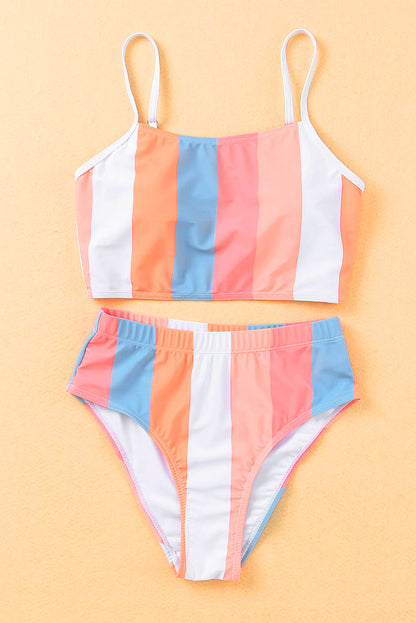 Vertical Striped High Waist Bikini Swimsuit | Orange