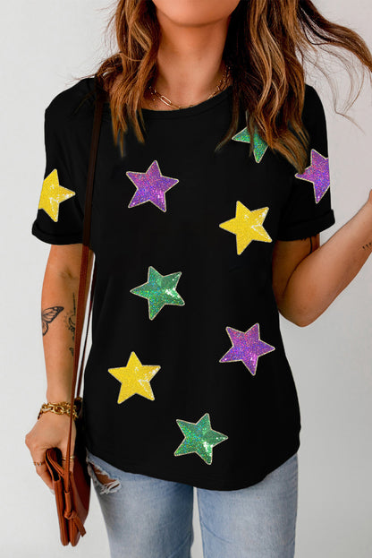 Colourful Sequin Stars Patched Relaxed T Shirt | Black