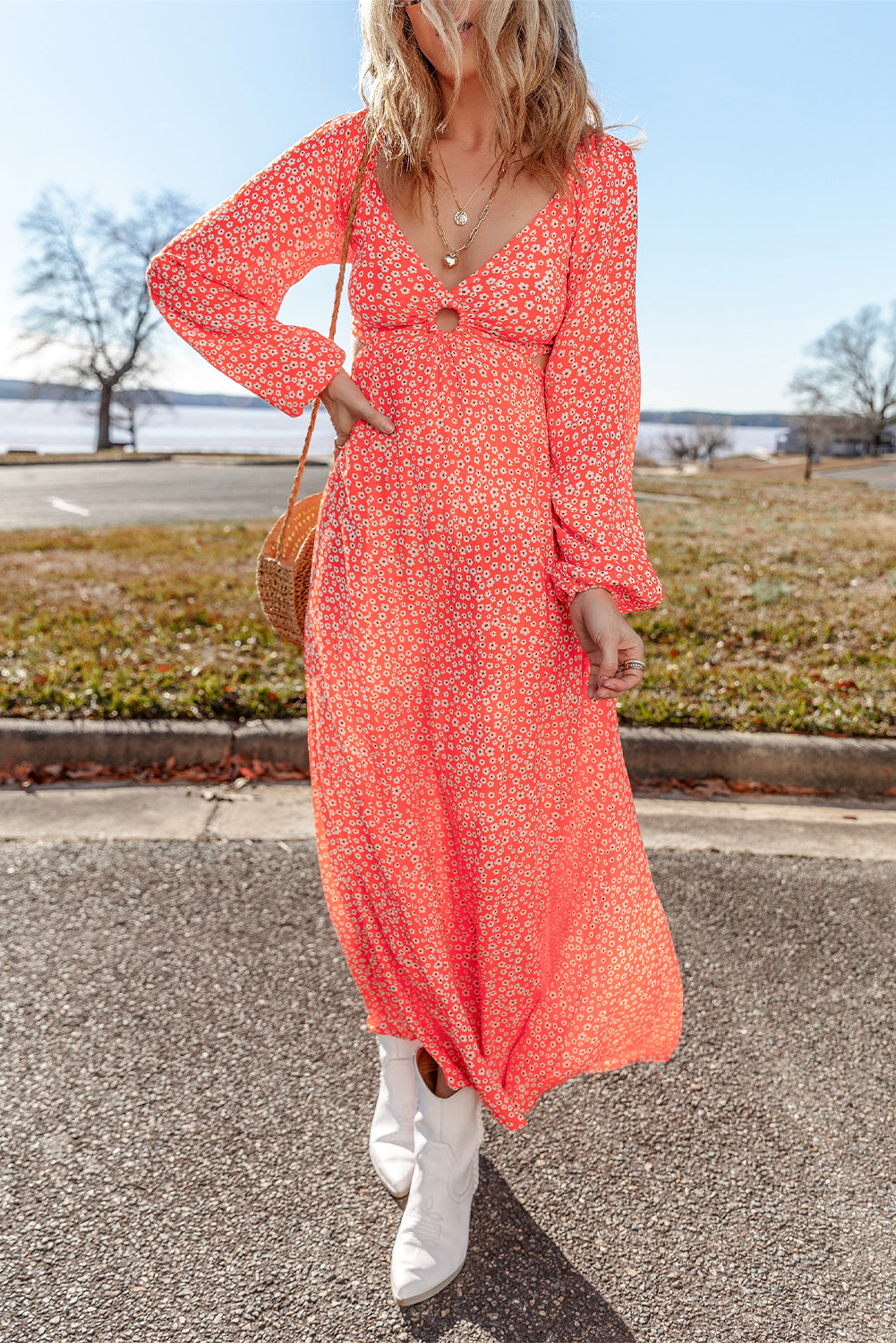 Floral Long Puff Sleeve V Neck Hollow Out Dress | Red