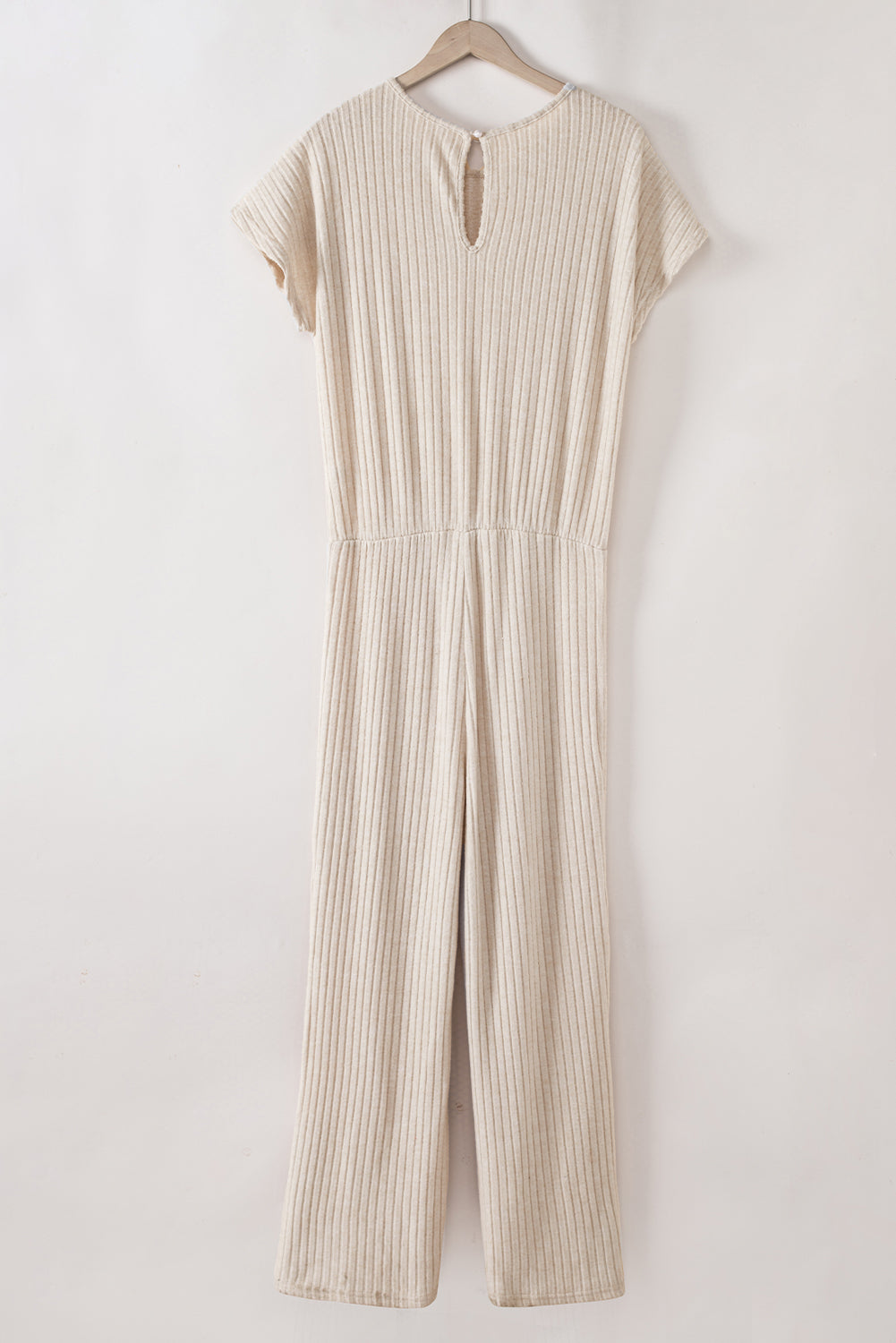 Solid Colour Ribbed Short Sleeve Wide Leg Jumpsuit | Parchment