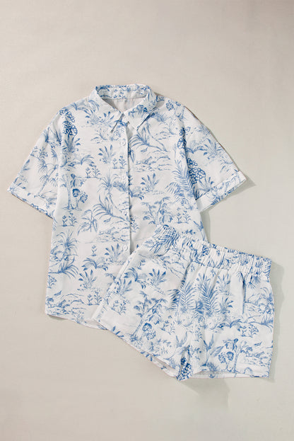 Floral Short Sleeve Shirt And Shorts Set | Sky Blue