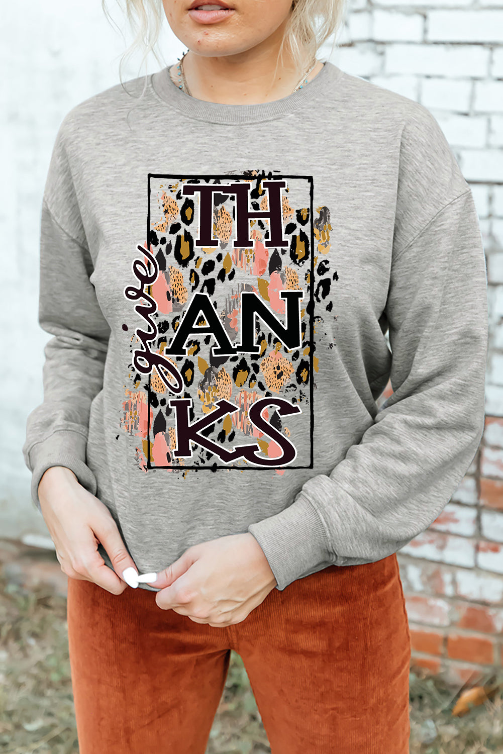 Give Thanks Leopard Graphic Drop Shoulder Sweatshirt | Gray