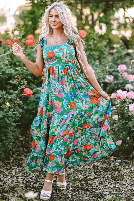 Floral Print Sleeveless Ruffle Tiered Maxi Dress | Green