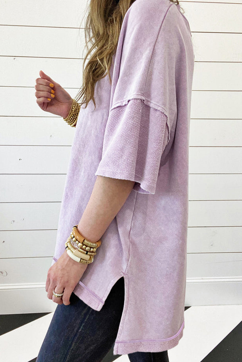 Mineral Wash Exposed Seam Drop Shoulder Oversized Tee | Orchid Petal