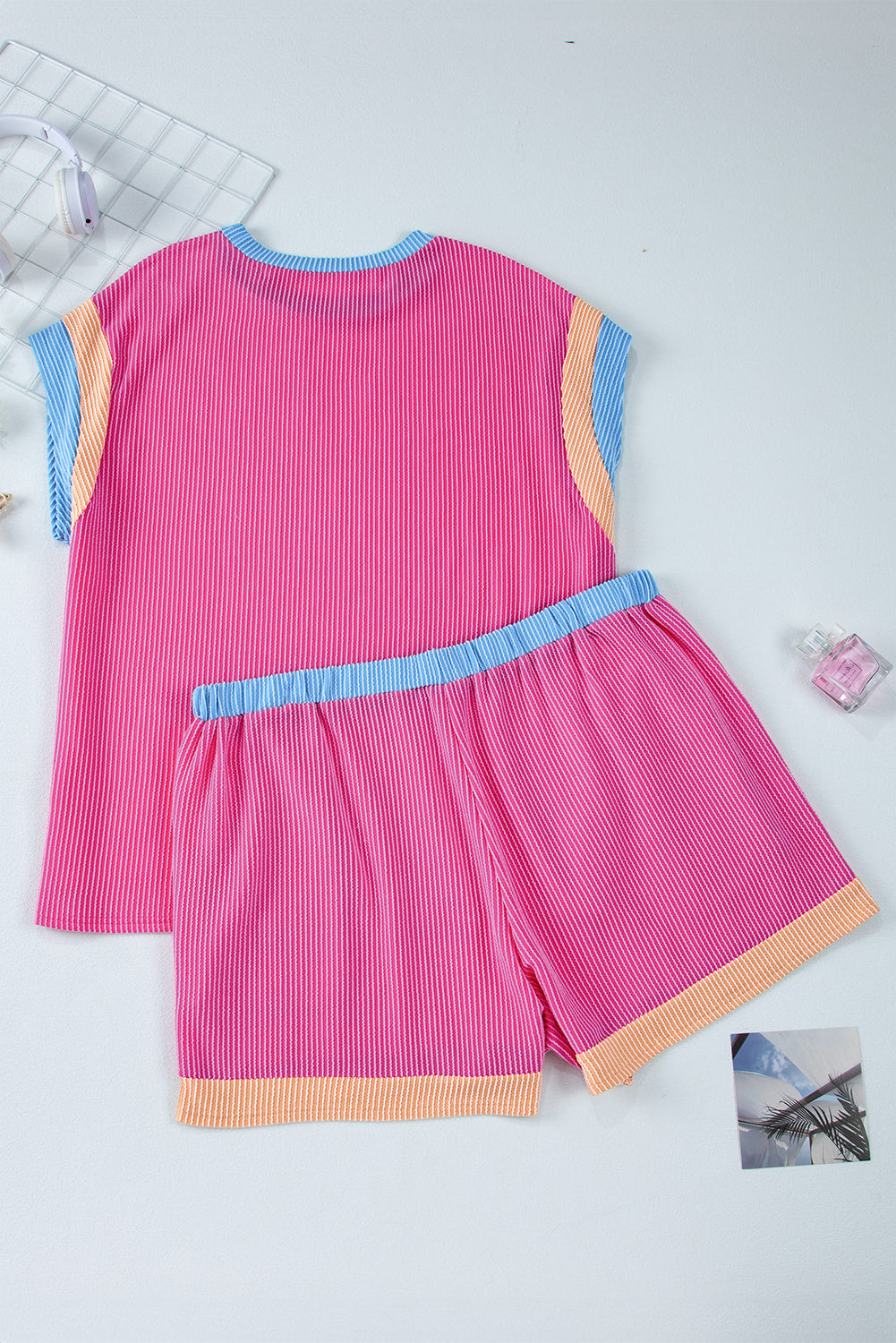 Textured Knit Contrast Trim Plus Shorts Set | Bright Pink