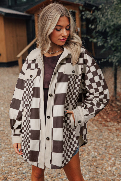 Checkered Print Patchwork Corduroy Shacket | Brown