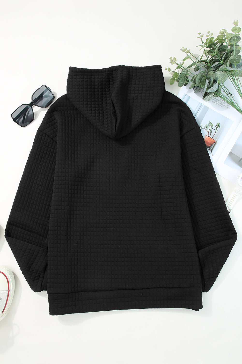 Quilted Kangaroo Pocket Drawstring Hoodie | Black