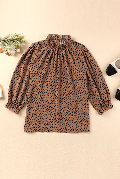 Frilled Neck 3/4 Sleeves Cheetah Blouse | Brown