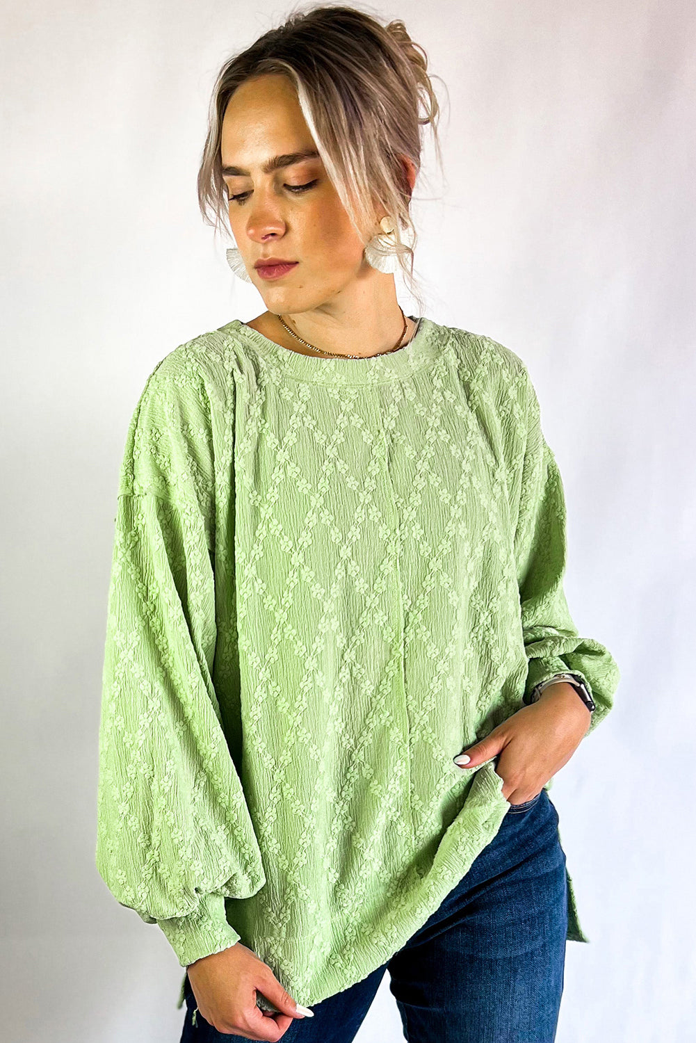 Solid Colour Textured Side Split Crew Neck Blouse | Light Green