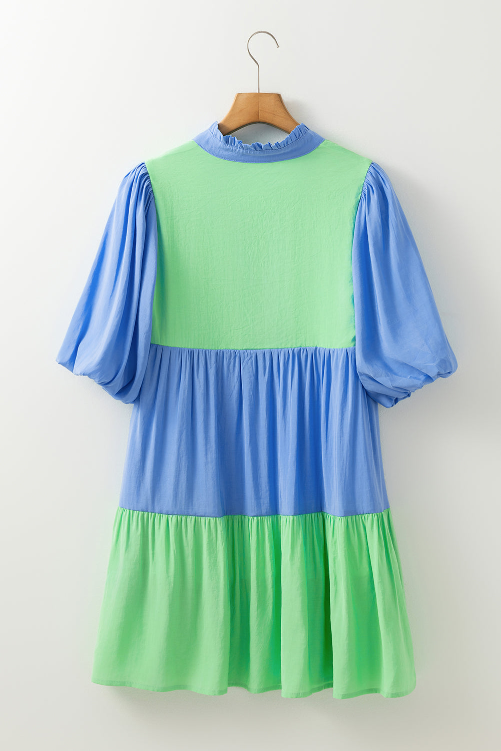 Colourblock Frilled V Neck Puff Half Sleeve Shift Dress | Dark Blue